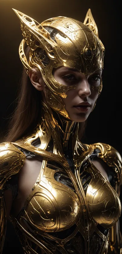 Golden warrior in futuristic armor with intricate details, perfect for mobile.