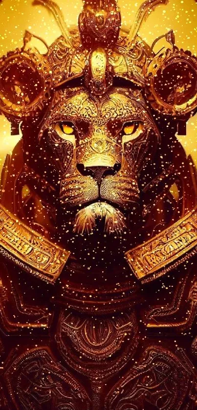 Majestic warrior lion in golden armor with glowing eyes, perfect for mobile wallpaper.