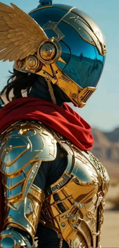 Futuristic knight in golden armor with red cape in a desert setting.