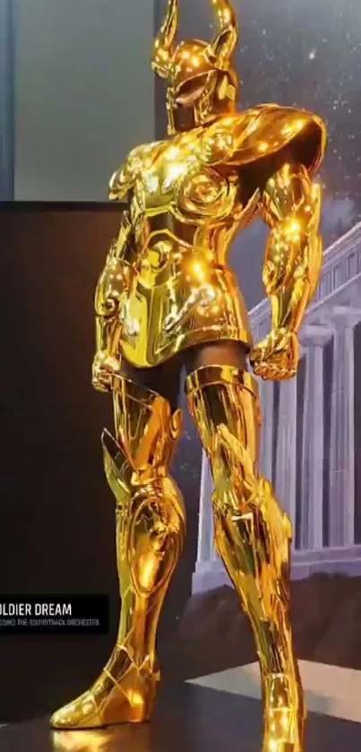 Golden armored statue standing against a classical architectural background.