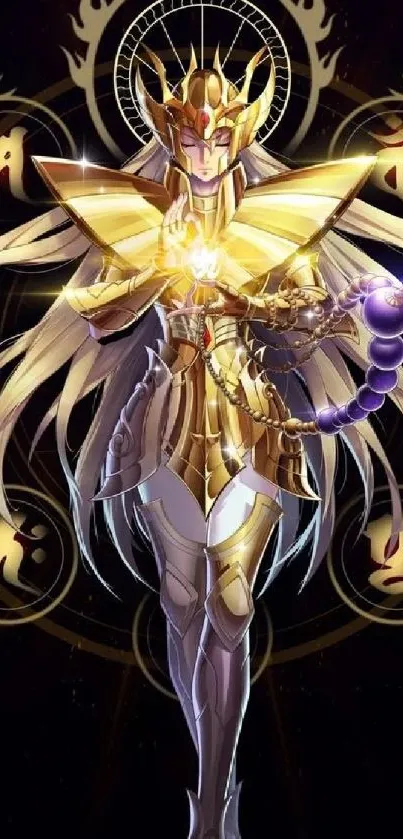 Golden warrior in detailed armor with cosmic symbols on mobile wallpaper.