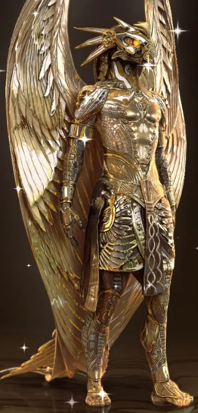 Golden armored angel with wings and celestial glow.