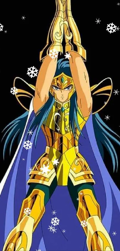 Golden armored anime warrior with a blue cape set against a black background.