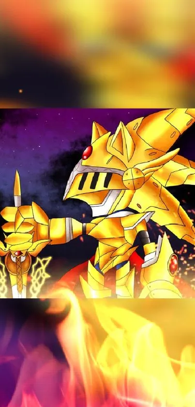 Golden armored knight under a starry sky with fiery accents.