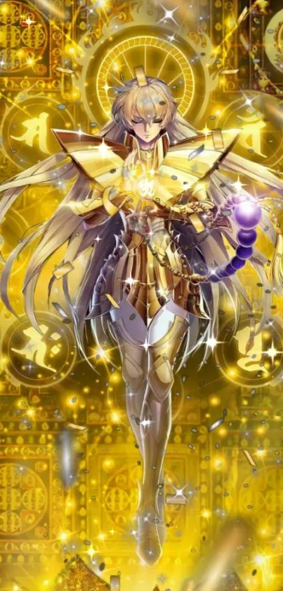 Golden armored warrior with celestial backdrop.