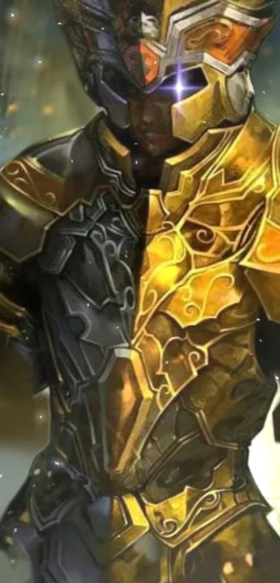 Golden and dark armored hero in a fantasy setting mobile wallpaper.