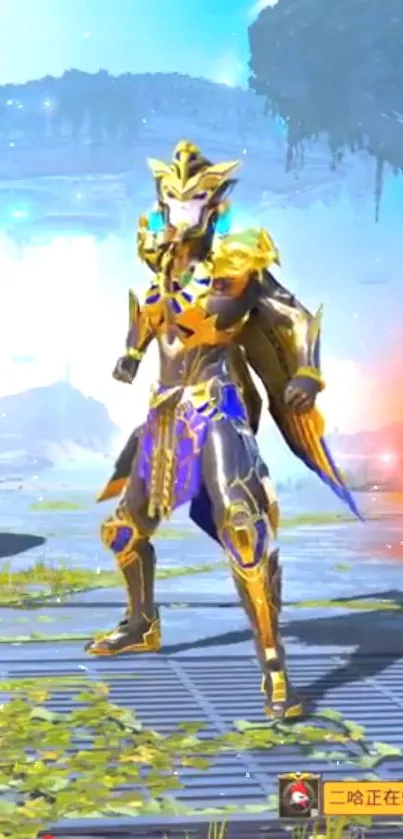 Golden armored hero in sci-fi setting with vibrant colors.