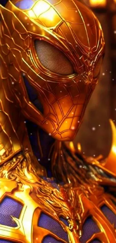 Golden armored superhero with intricate details on mobile wallpaper.