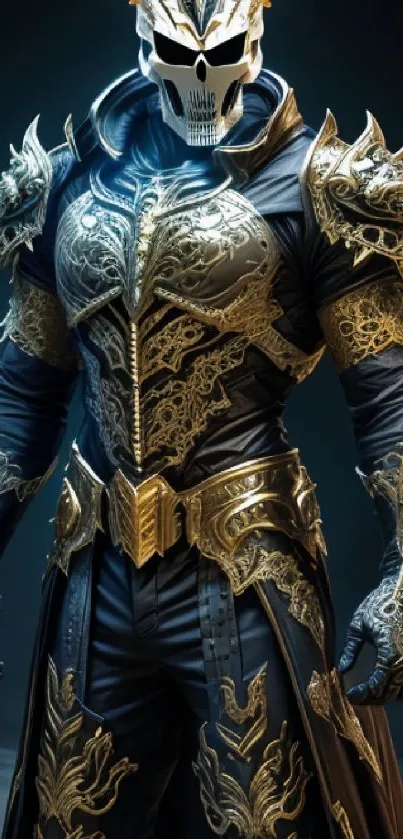 Golden armored warrior with intricate detailing on dark background.