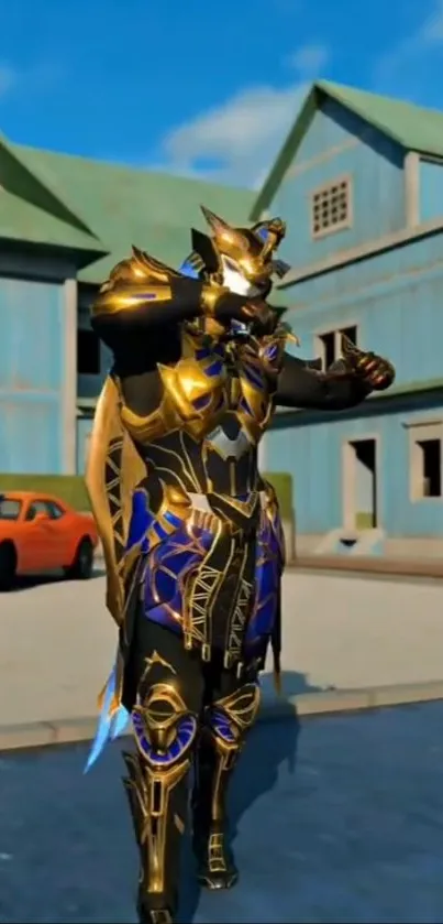 Golden armored warrior stands in an urban area with vibrant colors.