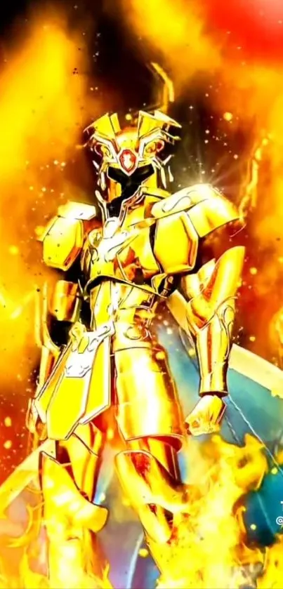 Golden armored warrior with flames backdrop.