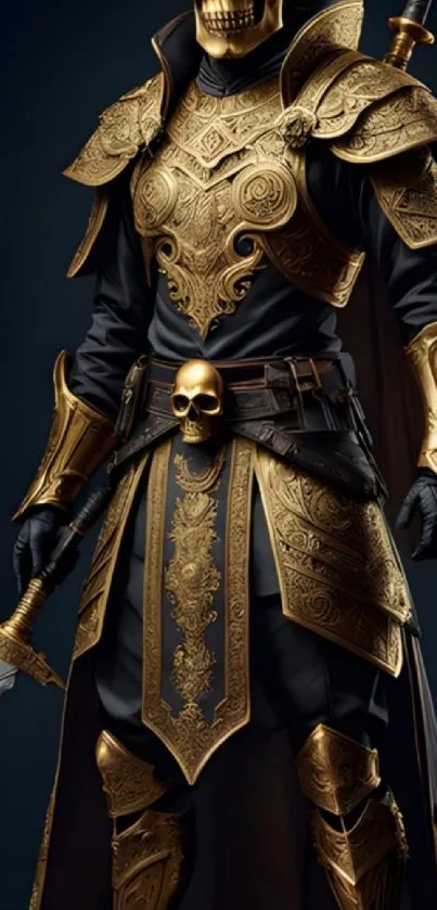 A golden armored warrior with a sword in dark setting, full of detail and fantasy elements.