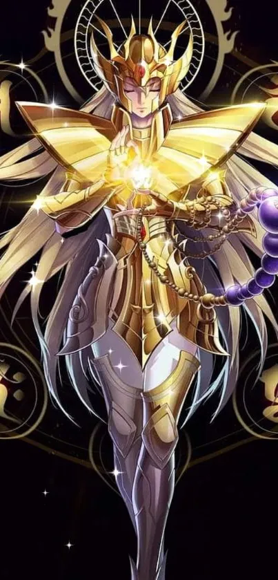 Golden armored anime warrior with celestial symbols and mystical aura.