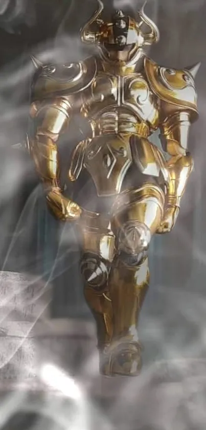 Golden warrior in armor surrounded by smoke on mobile wallpaper.