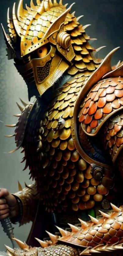 Golden armored warrior with detailed scales in fantasy art.