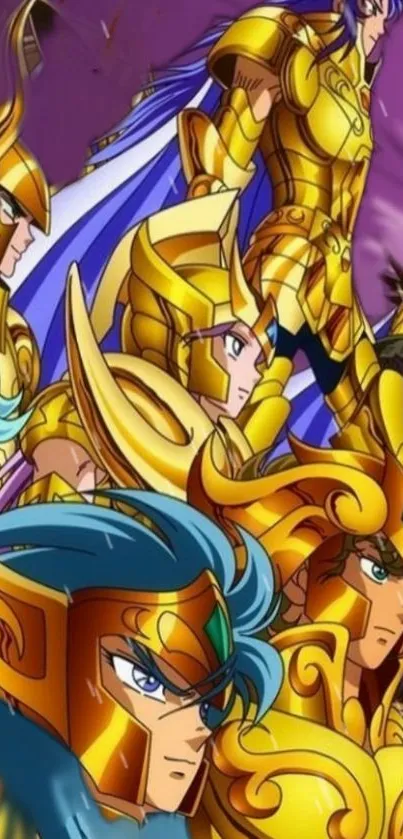 Gold armored warriors in vibrant anime wallpaper design.