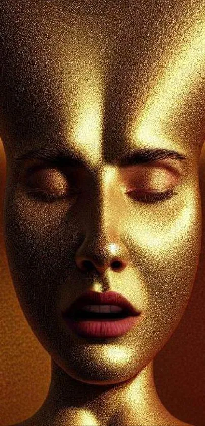 Golden face art wallpaper with textured surface.