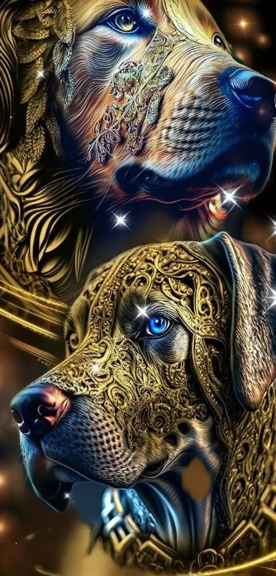 Golden artistic dog wallpaper with intricate details and shining accents.