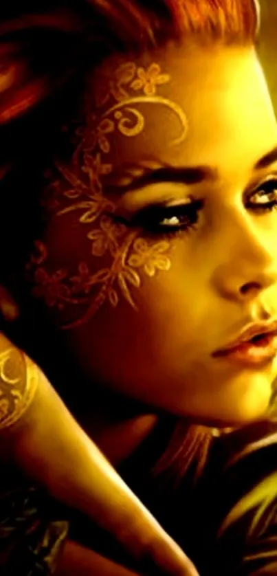 Golden-themed artistic wallpaper with floral patterns on a woman's face.