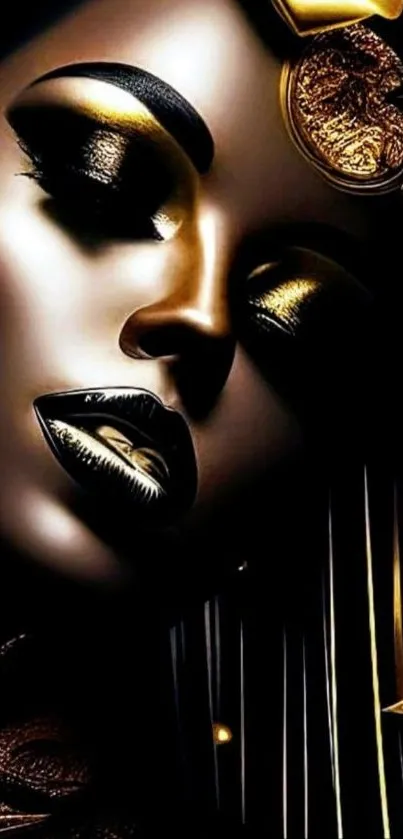 Golden artistic portrait with black and gold elements, luxurious and abstract.