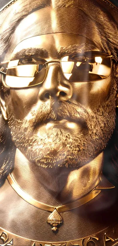 Gold sculpture with sunglasses on wallpaper.