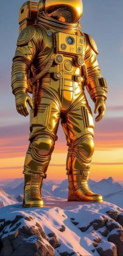 Golden astronaut stands on a snowy mountain peak at sunset.