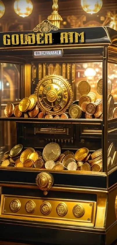 Vintage golden ATM with intricate design and coins filling the display.