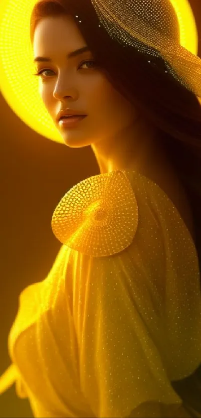 Elegant woman in golden yellow light, captivating mobile wallpaper.
