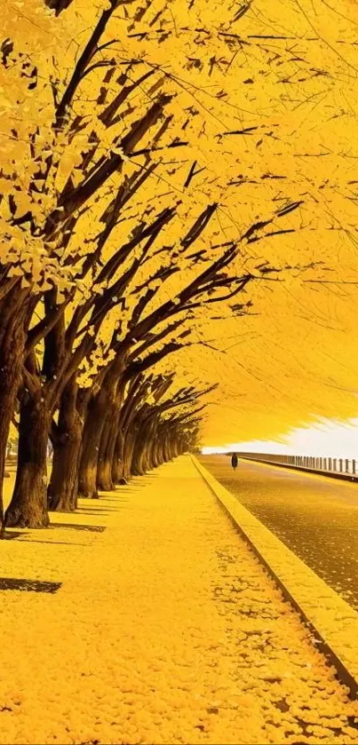 Golden, tree-lined avenue with autumn leaves creating a serene mobile wallpaper.