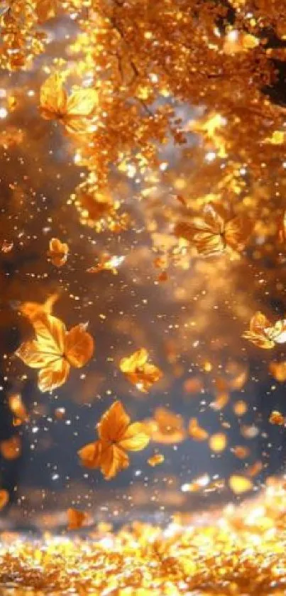 Golden butterflies fluttering through autumn leaves in sunlight.