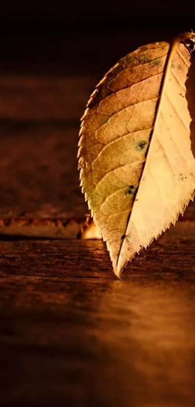 Golden autumn leaf on rustic wood surface wallpaper.