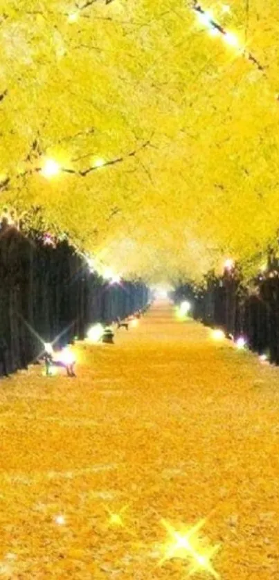 Glowing pathway of shimmering yellow leaves under bright trees.