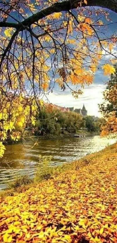 Stunning mobile wallpaper of autumn with golden leaves by a tranquil river.