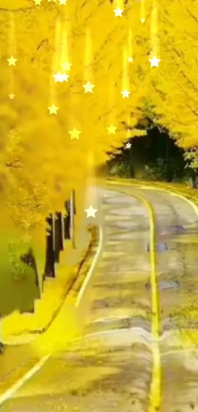 Golden autumn road lined with vibrant yellow trees and falling stars.