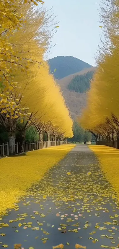 Serene road lined with vibrant yellow autumn leaves under a tranquil sky.