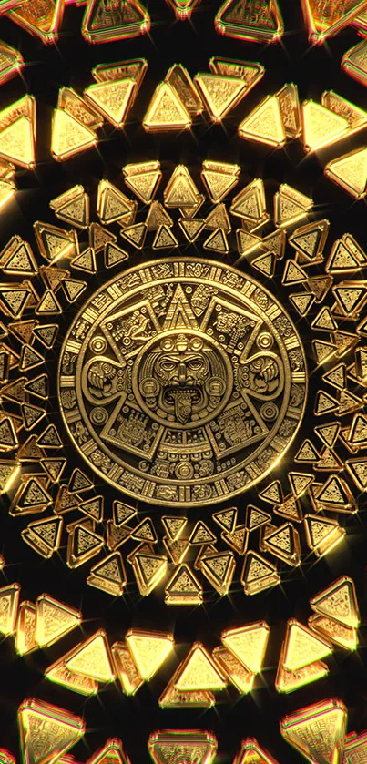 Gold Aztec calendar design with intricate details.