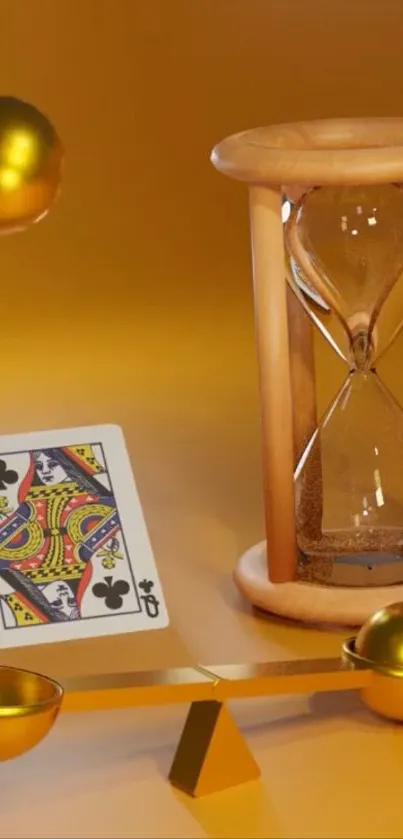Golden hourglass with queen card and balance.