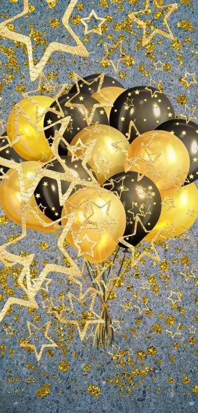 Elegant wallpaper with gold and black balloons and shimmering stars.