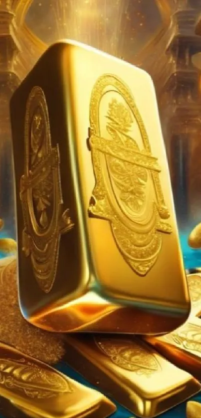 Elegant gold bars in a fantasy setting, exuding luxury and opulence.