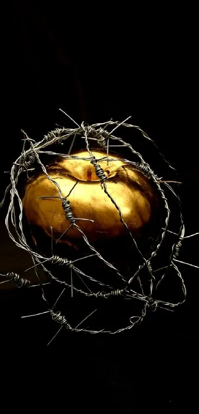 Golden orb wrapped in barbed wire on a black background mobile wallpaper.