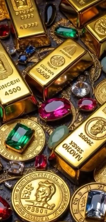 Gold bars and colorful gemstones in wallpaper.