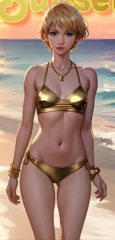 Anime girl in gold bikini on beach at sunset.