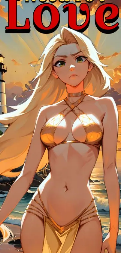 Anime character in a gold bikini by a lighthouse on a sunset beach.