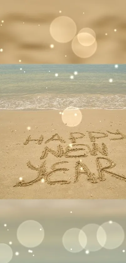 Beach scene with 'Happy New Year' written in sand.