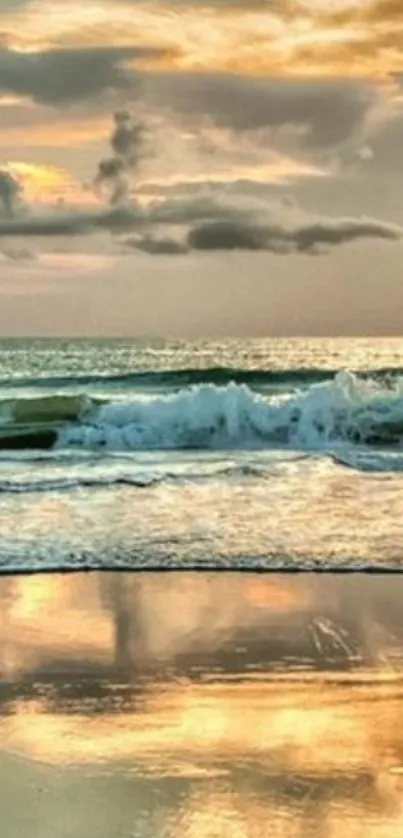 Golden sunset over a serene beach with waves.