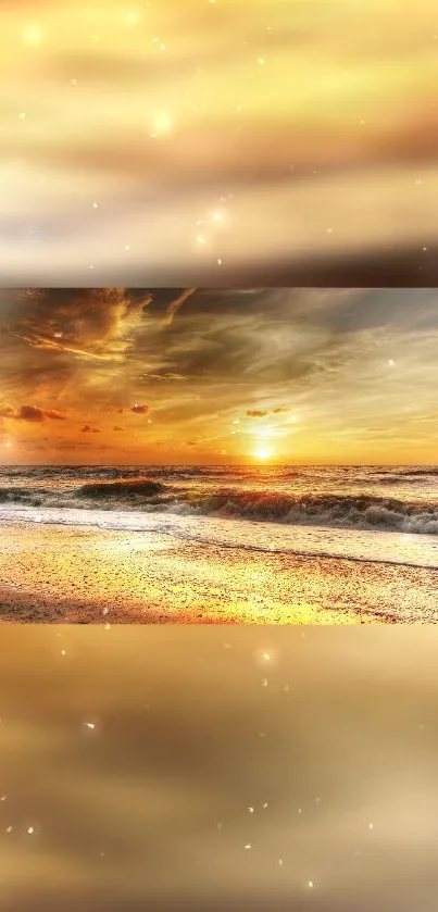 Golden beach sunset wallpaper with waves and warm hues.