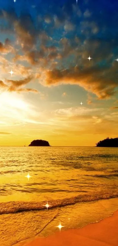 Golden sunset over tranquil beach and ocean horizon.