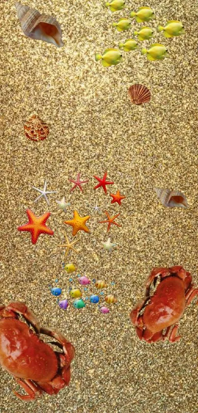 Golden sand wallpaper with crabs, starfish, and shells.