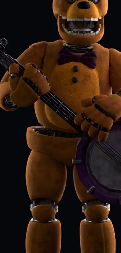 Golden animatronic bear playing a guitar.