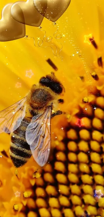 Golden bee on vibrant sunflower with heart balloons and stars.